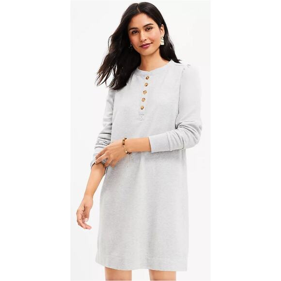 Ann Taylor LOFT Dresses & Skirts - LOFT WOMENS SZ L Shirred Sleeve Henley Shift Dress LAGENLOOK GRAY long sweater